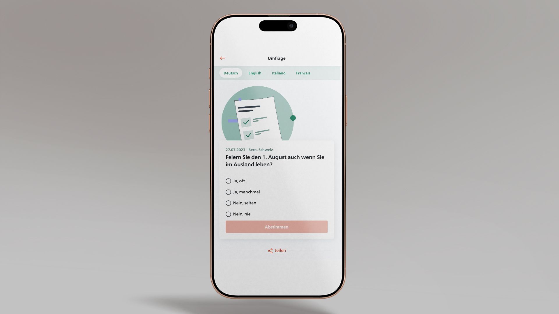 Das Bild zeigt ein Smartphone, auf dem die Umfrage-Funktion  der SwissInTouch App angezeigt ist.