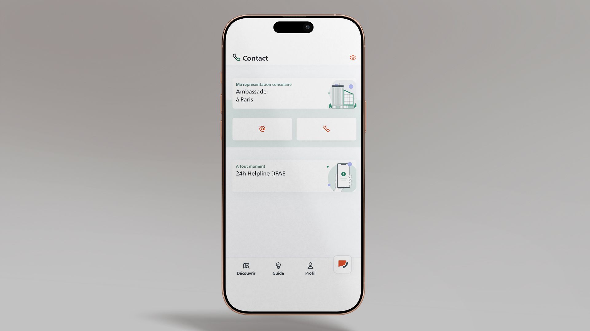 L’image montre un écran de smartphone affichant l’application SwissInTouch ouverte à la page des contacts dans la représentation.