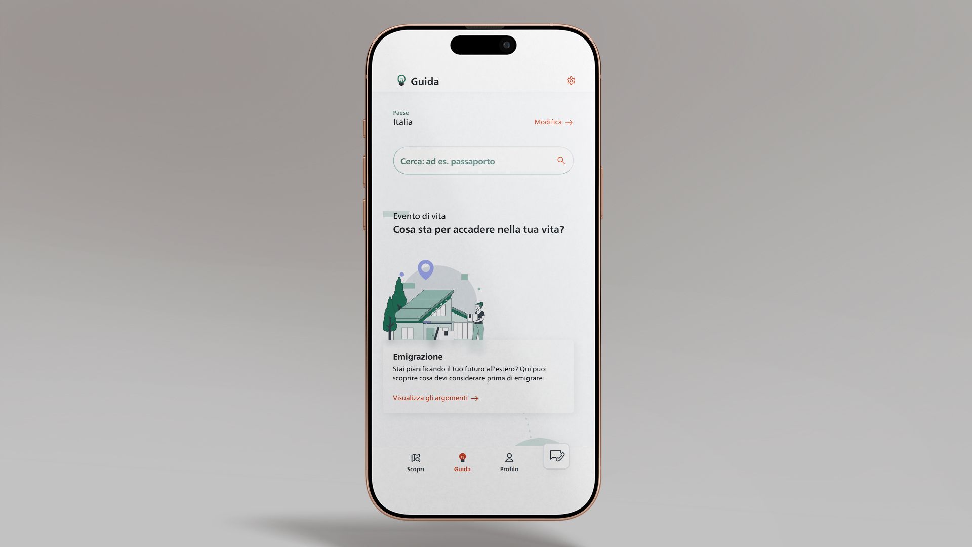 La figura mostra uno smartphone su cui è aperta la rubrica «Guida» dell’app SwissInTouch.